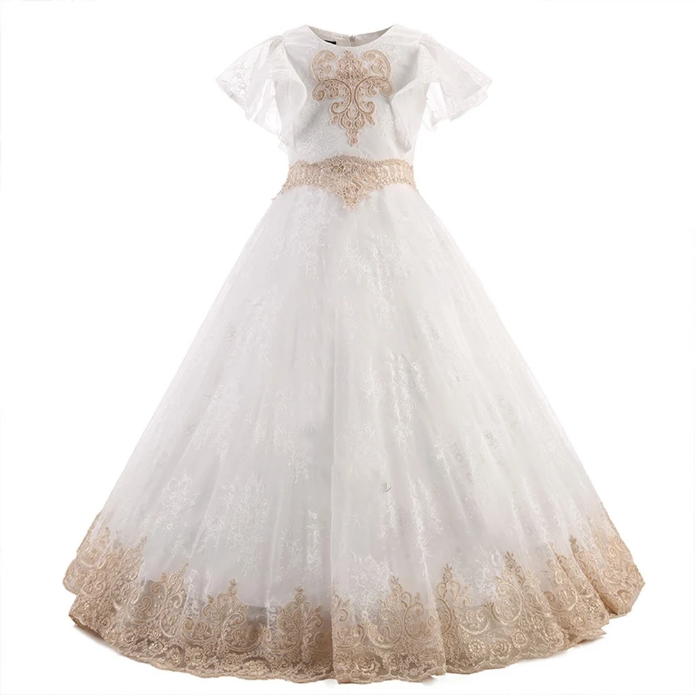 Elegant Gold Lace Appliques flower girl dresses for weddings Short Sleeves Kids Ball Gown first communion girls AB05 | Свадьбы и