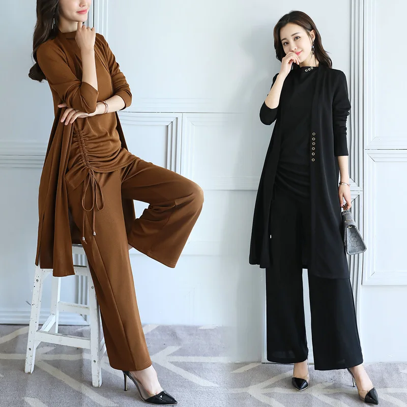 Women's Set 2019 Spring & Autumn Women's Fashion Knit Long Cardigan Jacket + T-Shirt + Wide Leg Pants Three-piece Set AL372
Women's Set 2019 Spring & Autumn Women's Fashion Knit Long Cardigan Jacket + T-Shirt + Wide Leg Pants Three-piece Set AL372