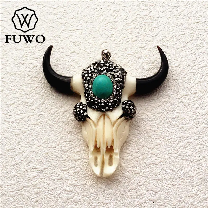 FUWO Carved Bone Steer Skull Pendant Fashion Ox Bone With Turquoises Charm For DIY Jewelry Necklace Making Supplies PD1537
FUWO Carved Bone Steer Skull Pendant Fashion Ox Bone With Turquoises Charm For DIY Jewelry Necklace Making Supplies PD1537