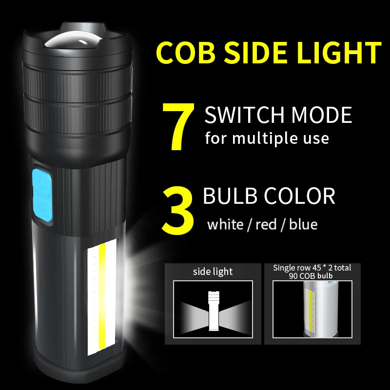 LED Flashlight Multi-function Zoom T6 / L2 P90 with COB Flood Light Strong Magnet Mobile Power Emergency | Лампы и освещение