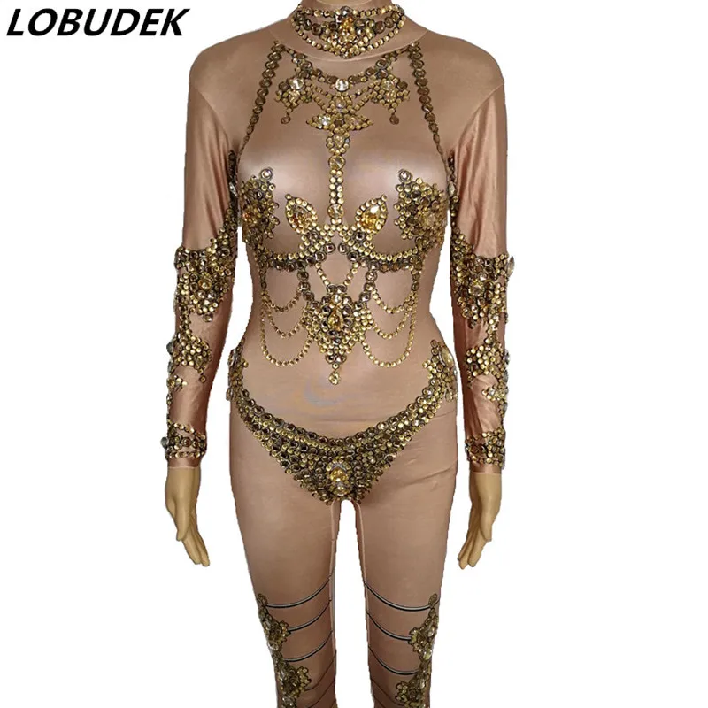 New nightclub Bright sexy bodysuit stage female costumes Dancer prom show gold Crystal jumpsuit Rompers performance costume
New nightclub Bright sexy bodysuit stage female costumes Dancer prom show gold Crystal jumpsuit Rompers performance costume