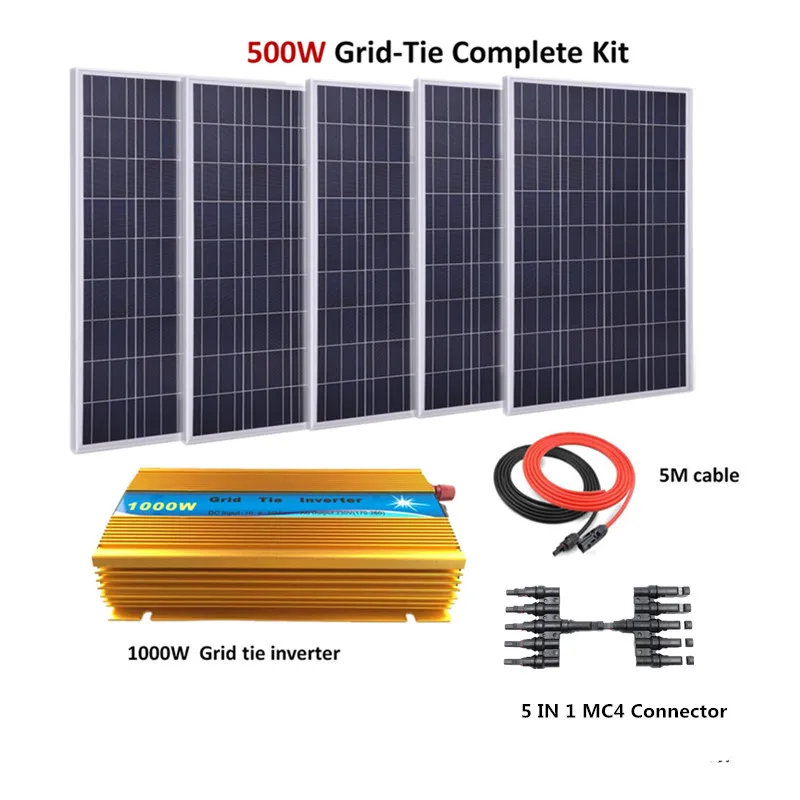 

500w Grid tie 5pcs 100w Poly solar panel home system kit with 1000W Grid Tie Inverter Complete 500W Grid Tie solar power system