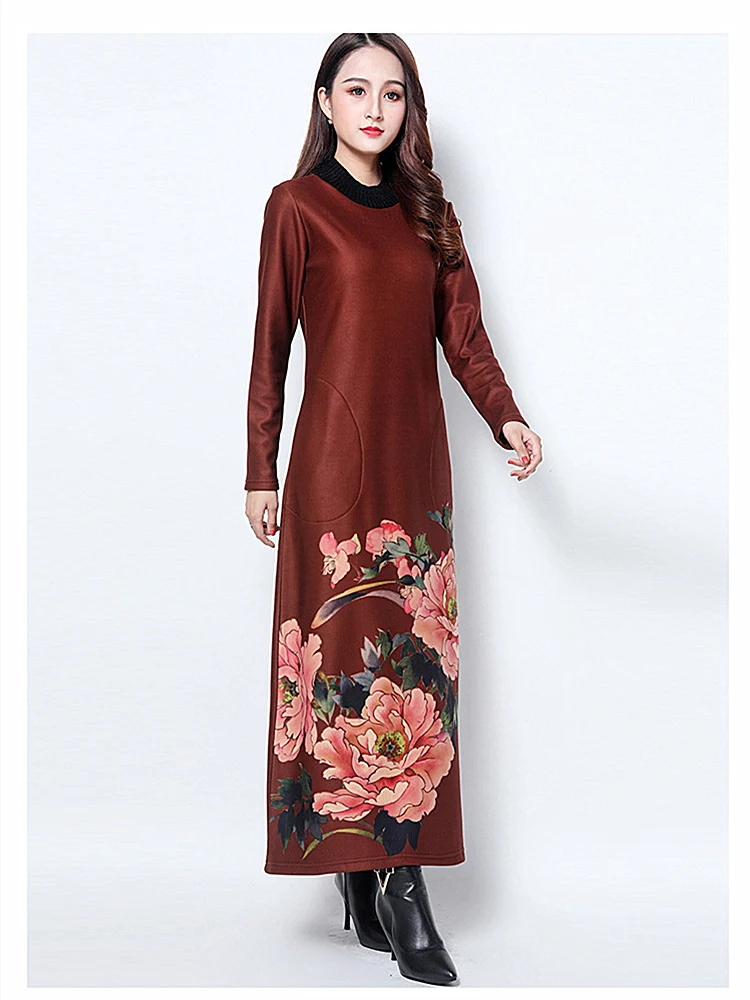 Autumn Winter New Large Size Women Long Dress Retro Print Long Sleeve Plus Velvet Bottoming Loose Dress Round Neck Keep Warm
Autumn Winter New Large Size Women Long Dress Retro Print Long Sleeve Plus Velvet Bottoming Loose Dress Round Neck Keep Warm