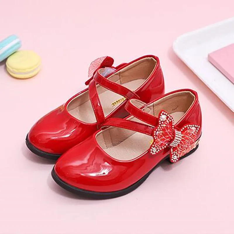 

Spring Autumn Girls Shoes For Party Wedding Butterfly-knot Princess Shoes Kids Girl Leather Shoes Black Red Pink 3-15Years Old
