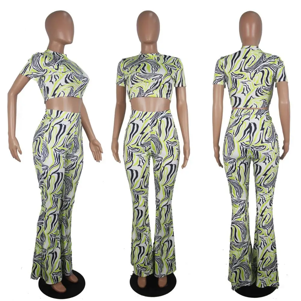 2019 Summer Printed zebra Colour Two Piece Set Short Sleeve Crop Tops With trousers Bell Pants Women's Outfit
2019 Summer Printed zebra Colour Two Piece Set Short Sleeve Crop Tops With trousers Bell Pants Women's Outfit