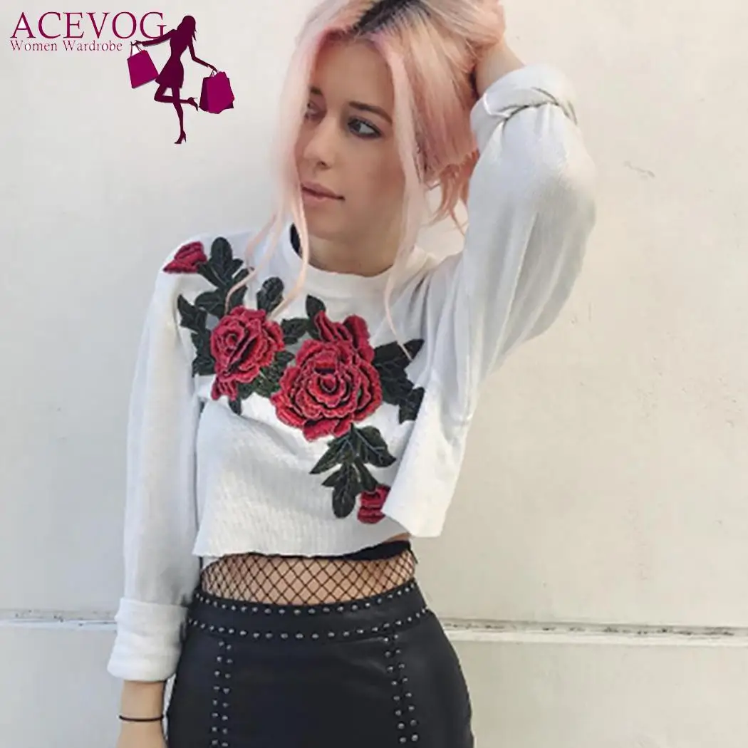 Для женщин Мода o образным вырезом с длинным рукавом вышивка аппликация Slim Fit Crop
