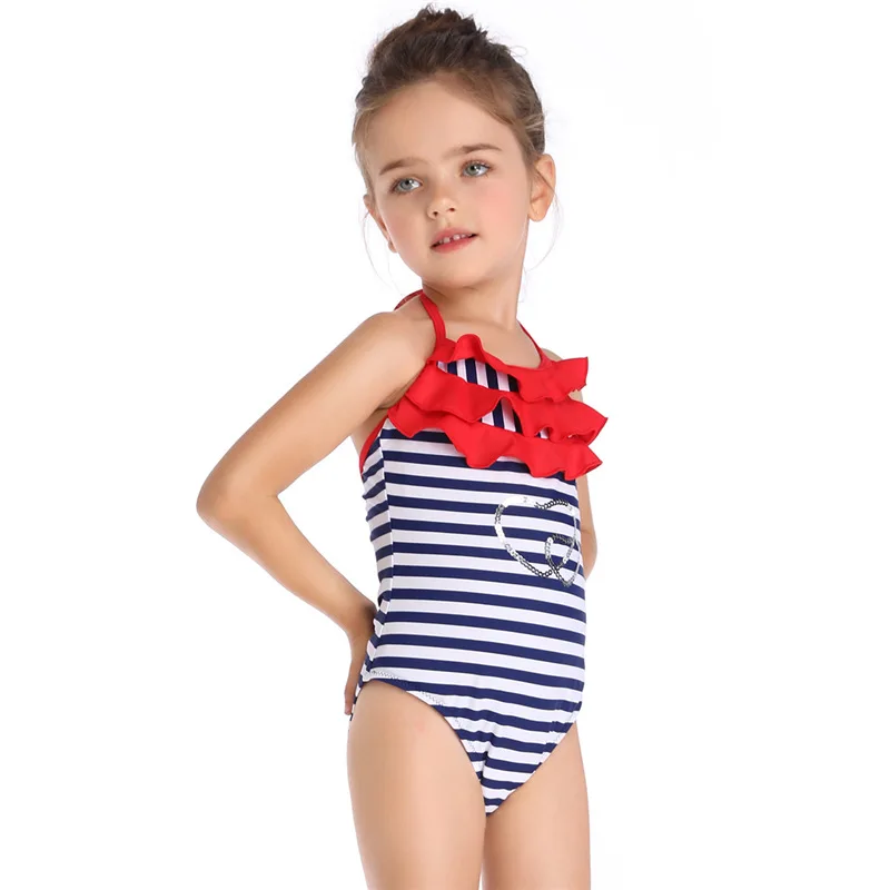 New Girls One Piece Swimsuits Striped Falbala Collar Cute Swimming Suits Children Swimwear Summer Kids Bathing 5-14Y | Спорт и