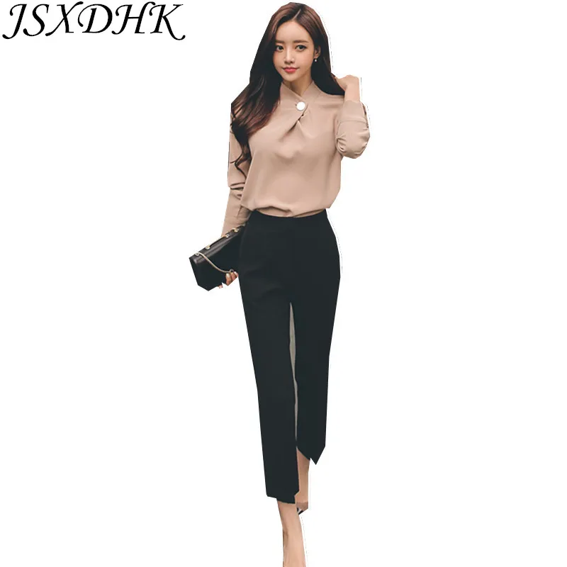 JSXDHK New 2021 Autumn Women Pant Suits Formal Pink Chiffon Long Sleeve Blouse Top + Work Nine Black Straight Pants 2 Piece Set
JSXDHK New 2021 Autumn Women Pant Suits Formal Pink Chiffon Long Sleeve Blouse Top + Work Nine Black Straight Pants 2 Piece Set