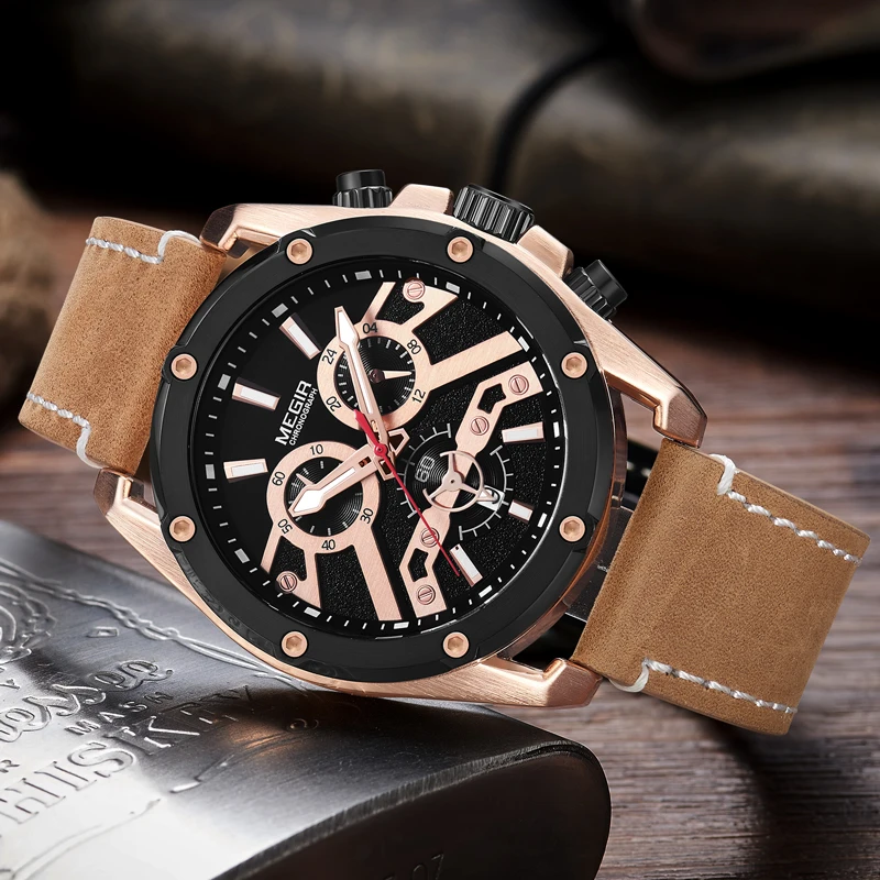 MEGIR Mens Watches Top Brand Luxury Men Fashion Chronograph Quartz Watch Army Military Leather Wrist Relogio Masculino | Наручные часы