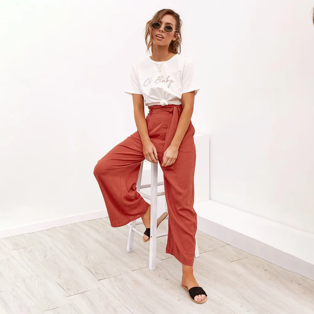 2019 High Waist Belted Zipper Palazzo Pants Ginger Frill Ruffle Wide Leg Women Elegant OL Style Trousers 170828703 | Женская одежда
