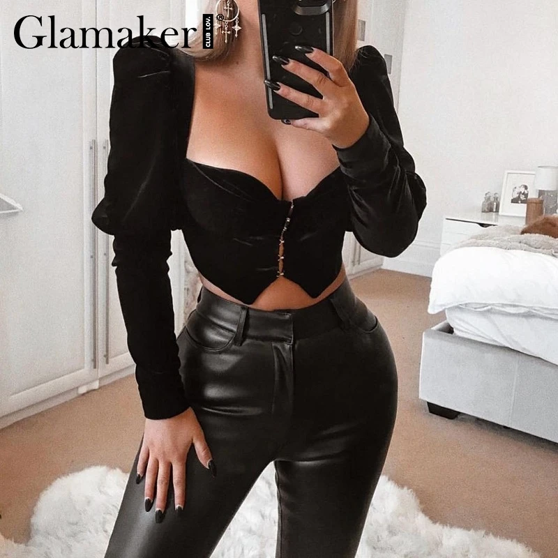 Женская блузка с длинным рукавом Glamaker черная винтажная пуш апом и квадратным