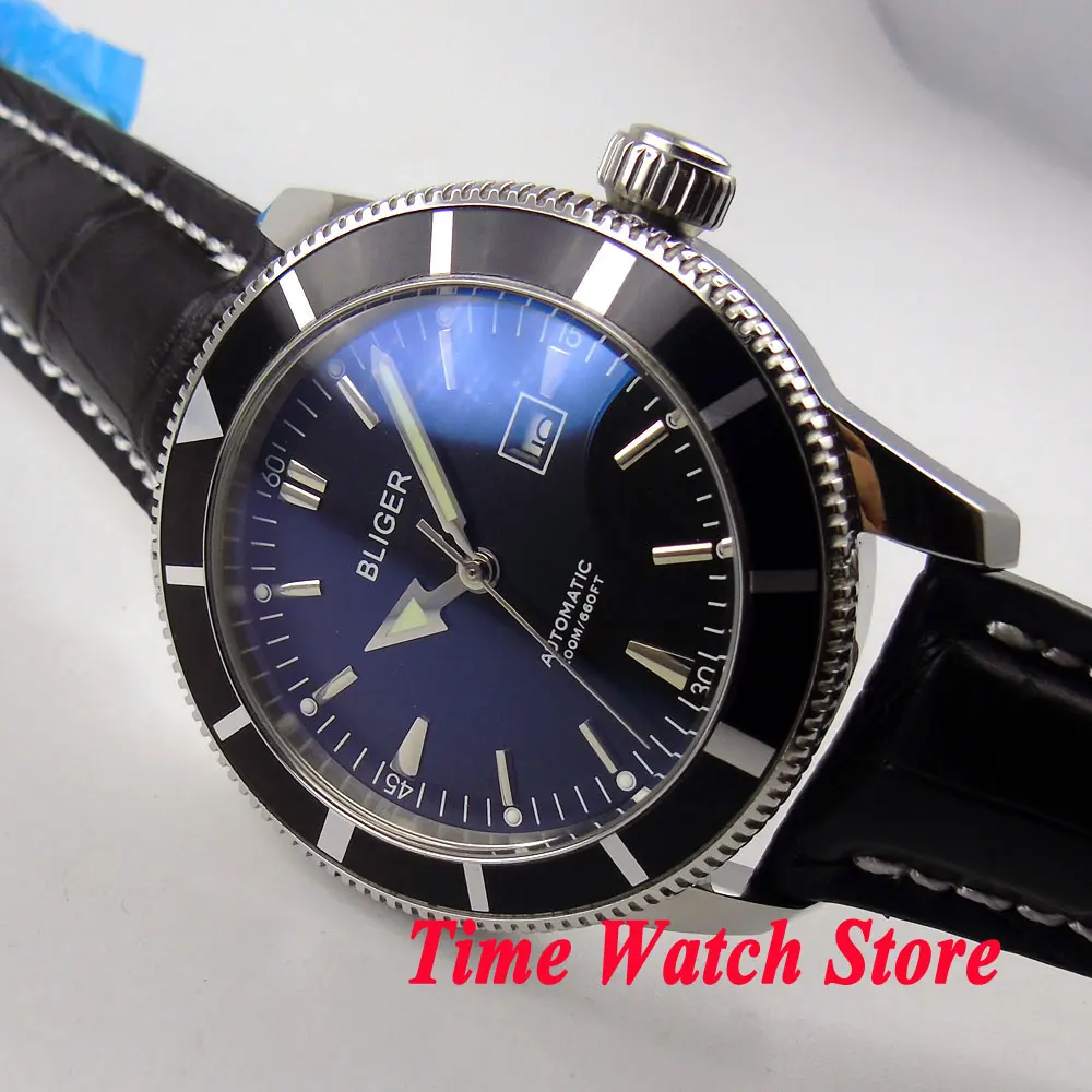 

Bliger 46 мм Высокое качество автоматические механические часы мужские наручные часы синий циферблат черный Дата световой кожаный ремешок ста...