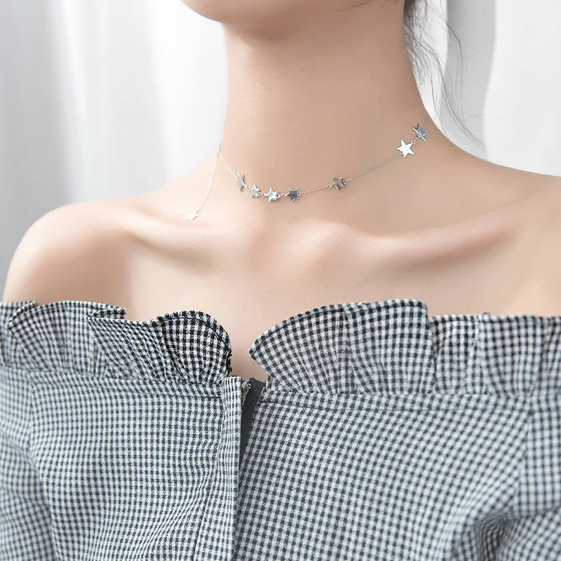 

ABC silver jewelry S925 Silver Star Necklace, female Korean version, size star sweet short star chain