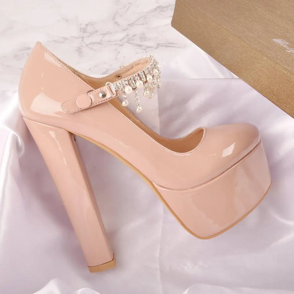 

Onlymaker Women's Platform Chunky High Heels Pumps Mary-Jane Block Sandals Prom Wedding Dress Shoes with Rhinestones Pearl Tasse