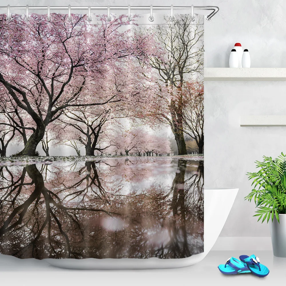 

LB 180x200 Pink Purple Cherry Blossoms Reflection in the Water Shower Curtains Flowers Bathroom Curtain Fabric for Bathtub Decor