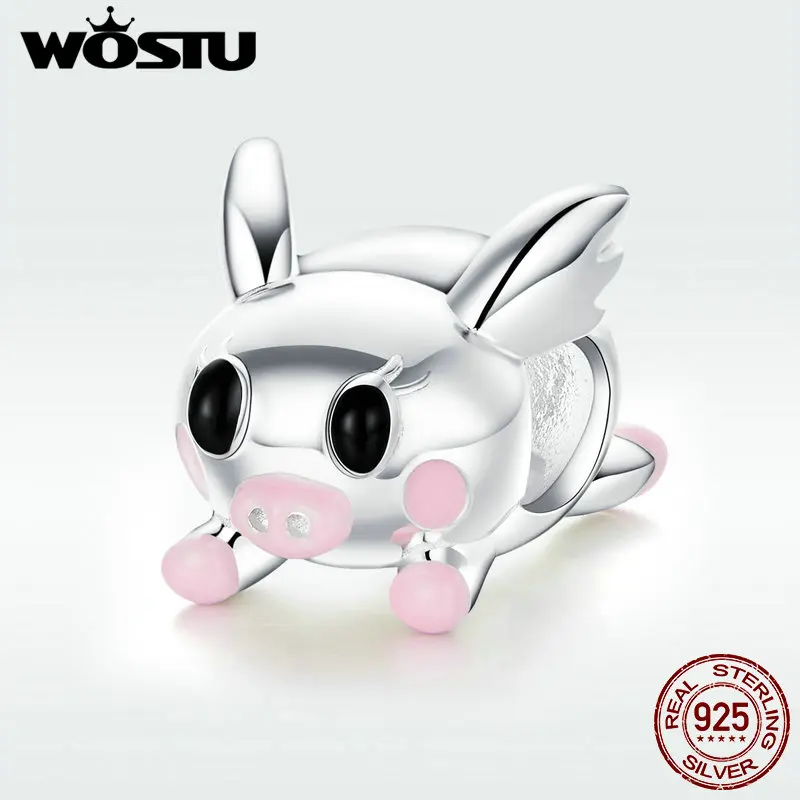 Фото WOSTU Горячая продажа 925 стерлингового серебра розовый милый Свинка Свинья Бусины