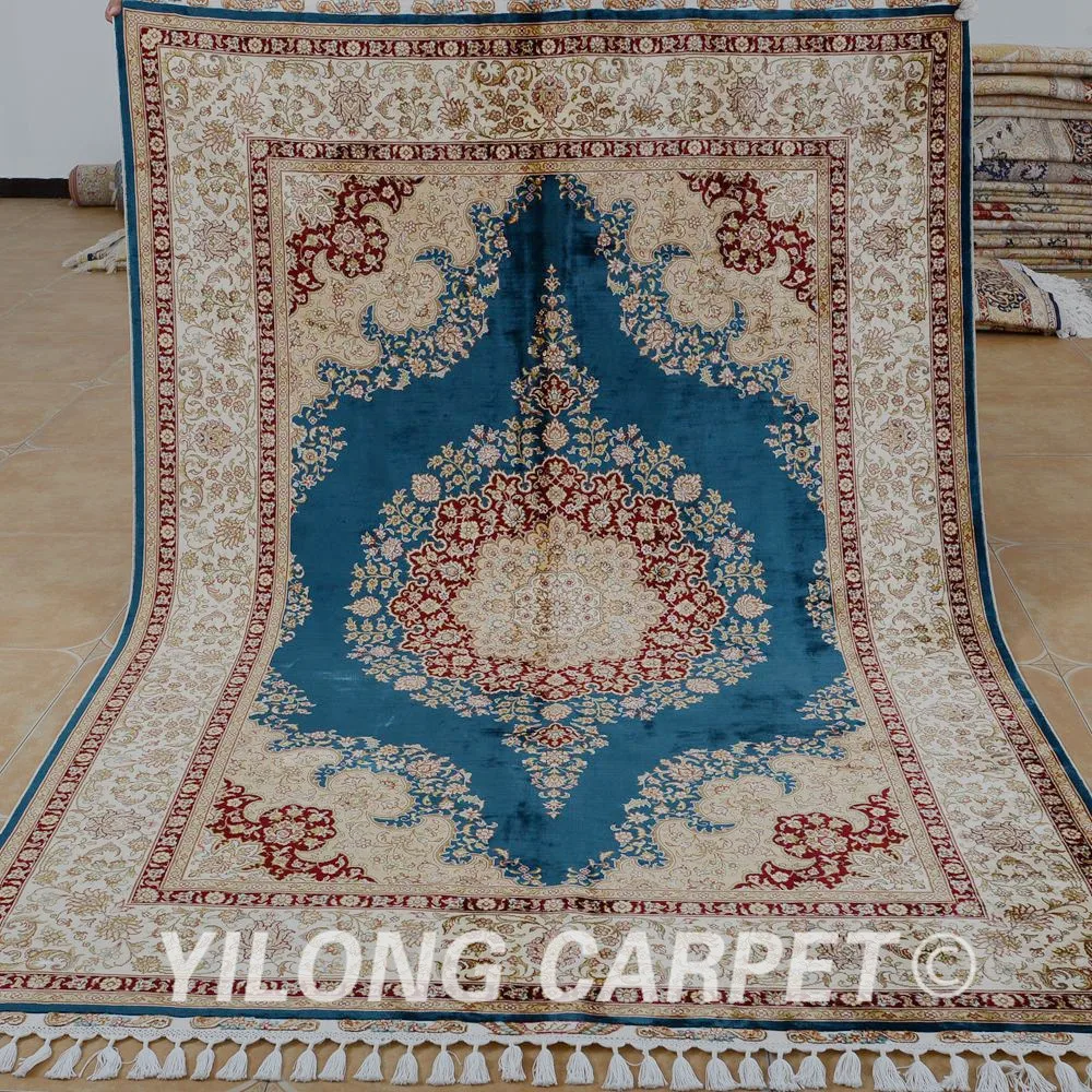 Yilong 5.6'x8.2' Antique tabriz silk carpet blue hand knotted oriental rug (1847)
Yilong 5.6'x8.2' Antique tabriz silk carpet blue hand knotted oriental rug (1847)