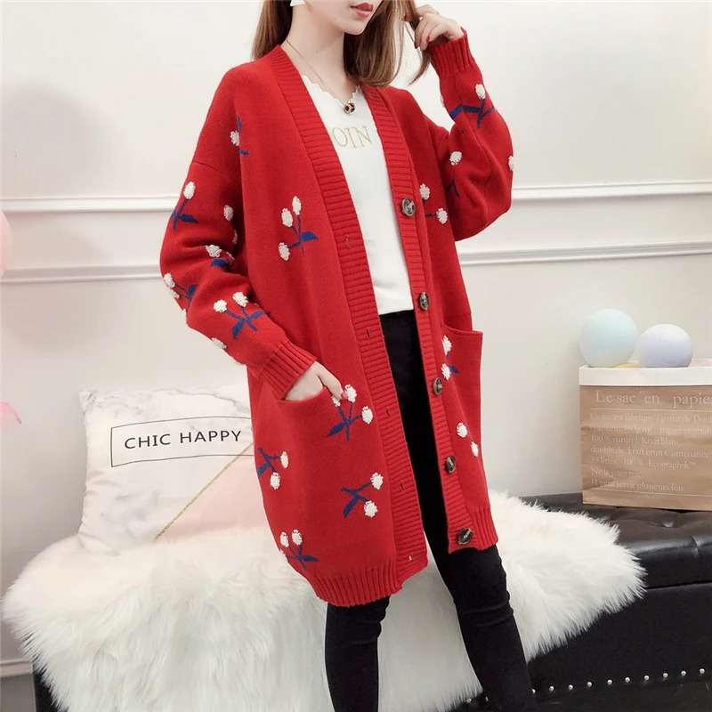 Women Long Knitted Sweater Cardigan Female Cherry Print Warm Jacket Fashion Ladies Winter Pocket Outerwear AA11929 |
