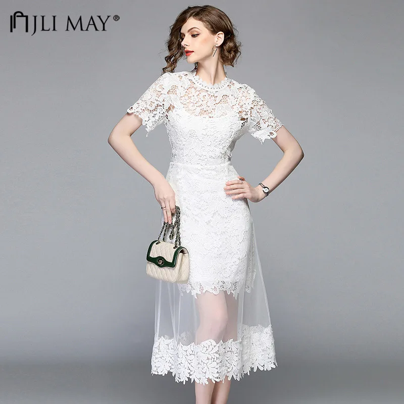 Фото Женское длинное кружевное платье JLI MAY белое Сетчатое до середины - купить