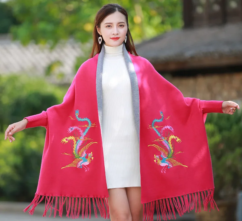 Chinese Women Winter New Shawl With Sleeve Poncho All-Match Scarf Wrap Thick Warm Tassels Cloke Women's Double Phoenix Cape
Chinese Women Winter New Shawl With Sleeve Poncho All-Match Scarf Wrap Thick Warm Tassels Cloke Women's Double Phoenix Cape