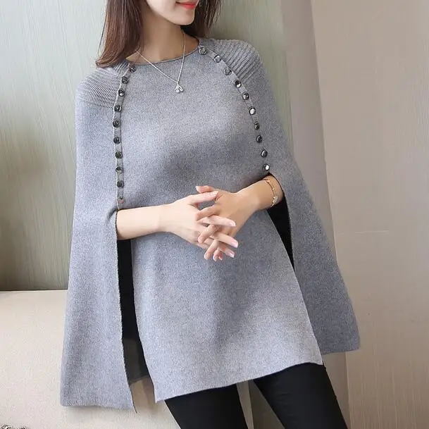Luxury Party Club Women Wool Cloak Shawl Button Elegant Knitting Sweater Cape Winter Loose Pullover Long Knitted Jumper DF627 | Женская