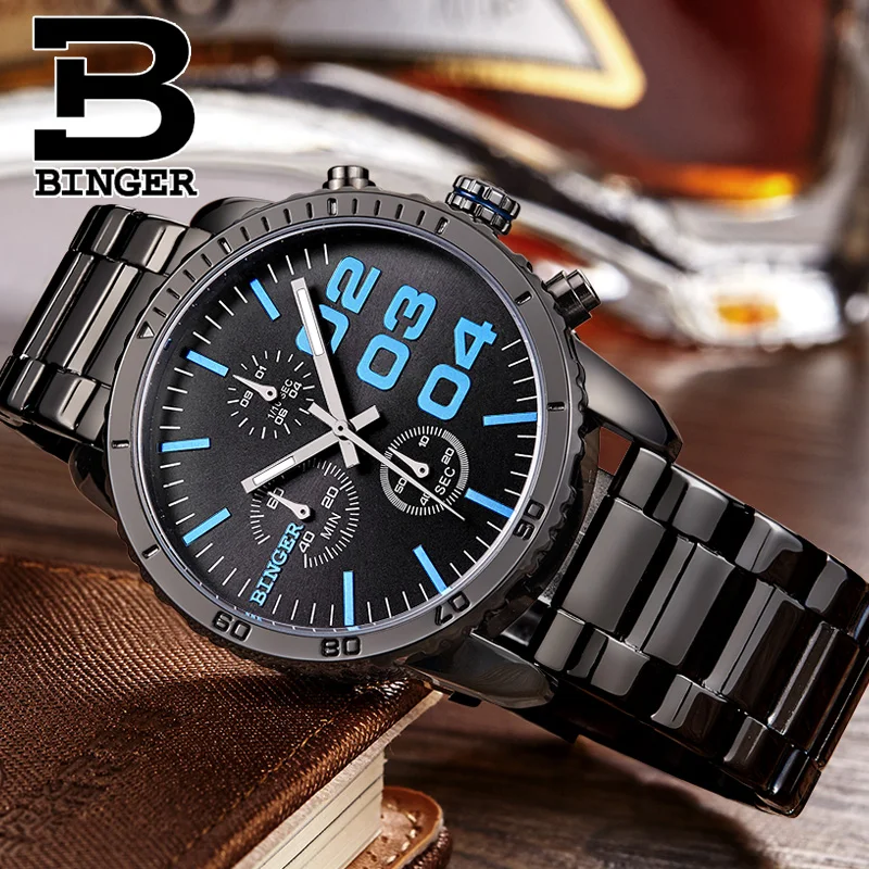 Switzerland BINGER watches men luxury brand Quartz waterproof Chronograph Stop Watch leather strap Wristwatches B9007-4 | Наручные часы