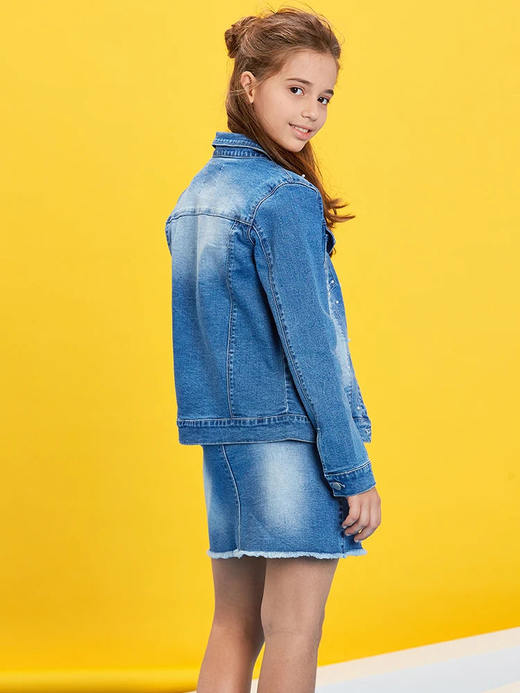 GLO-STORY детская джинсовая куртка с вышивкой и жемчугом для девочек 2019 костюмы юбкой