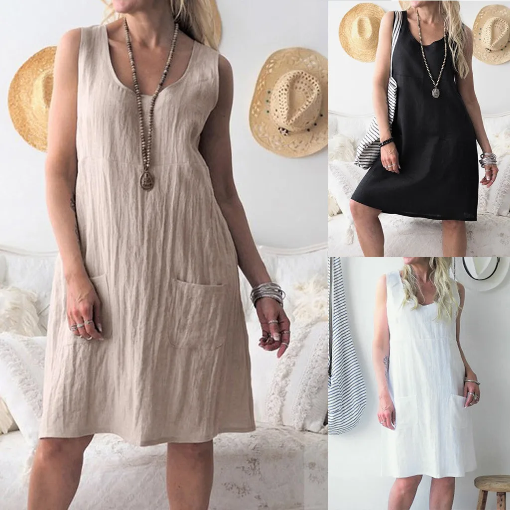 Women fashion Dresses Women O-neckline Solid Dress Sleeveless Loose Casual Pocket Mini Linen Beach Party Dress
Women fashion Dresses Women O-neckline Solid Dress Sleeveless Loose Casual Pocket Mini Linen Beach Party Dress