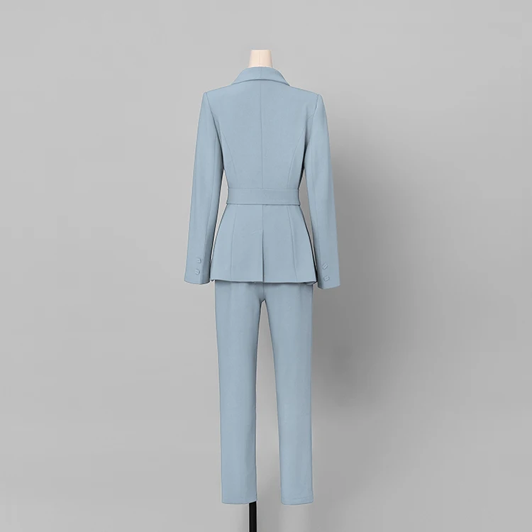 Runway Designer 2019 Spring 2 Piece Set Women Elegant Turn Down Collar Slim blue Blazers Coat + Ankle Length Pencil Pants Suits | Женская
