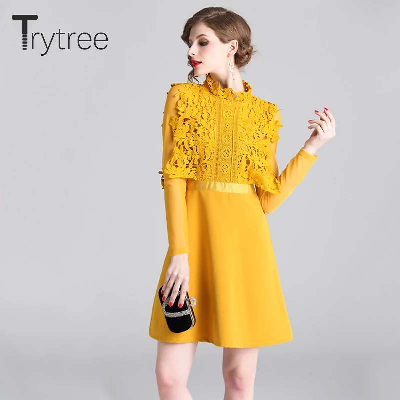 Женское Повседневное платье Trytree, однотонное желтое платье-трапеция выше колена из полиэстера с кружевным воротником-стойкой, на осень
Женское Повседневное платье Trytree, однотонное желтое платье-трапеция выше колена из полиэстера с кружевным воротником-стойкой, на осень