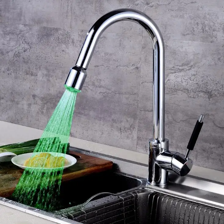 LED Kitchen Faucets Chrome Mixer Faucet for Single Handle Pull Down Deck Mounted Crane Sinks faucet XT-112 | Строительство и