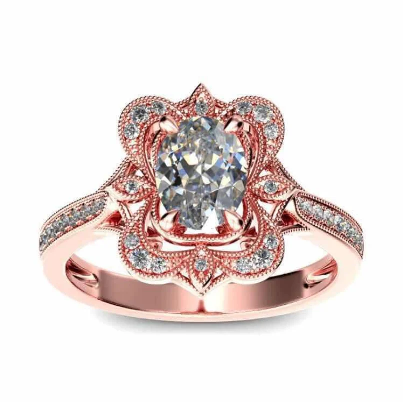 

Vintage Fashion Jewelry 925 Sterling Silver&Rose Gold Fill Oval Cut AAA Zirconia CZ Hollow Party Women Wedding Flower Band Ring