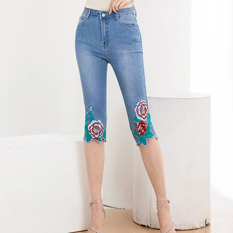 FERZIGE Brand Elastic Skinny Pants 2019 Summer Sweet Embroidery Flower High Waist Jeans Women Calf-Length Pants Blue Plus Size
FERZIGE Brand Elastic Skinny Pants 2019 Summer Sweet Embroidery Flower High Waist Jeans Women Calf-Length Pants Blue Plus Size