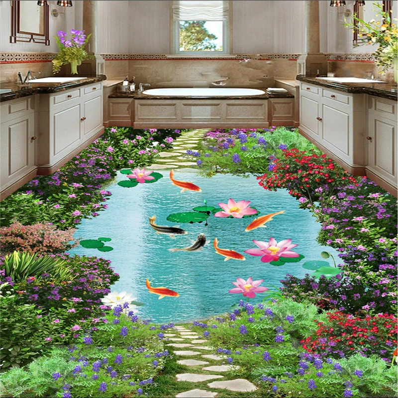 

beibehang Customize any size mural creative flowers river fish bathroom bedroom 3D floor papel de parede para quarto