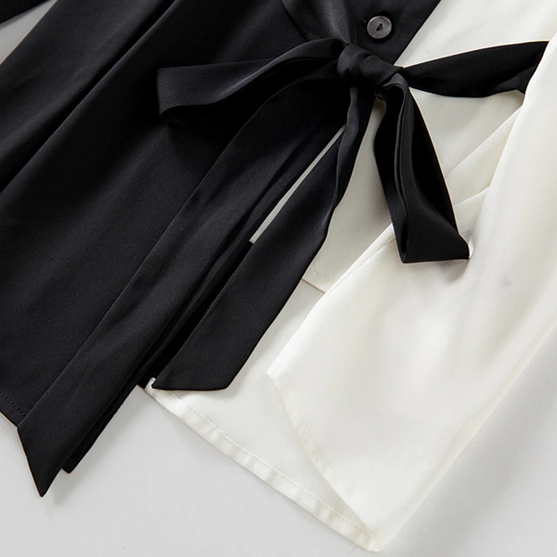100% Silk Blouse Women Shirt Asymmetrical Patchwork Design Turn-down Neck Long Sleeves 2 Colors Office Top New Fashion 2019 | Женская