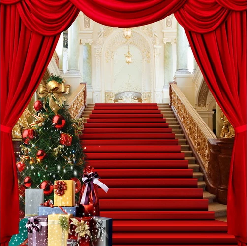 

10x10 футов красный занавес ступени вход Рождественская елка подарки пользовательский фото фон студия фон винил 300 см x 300 см