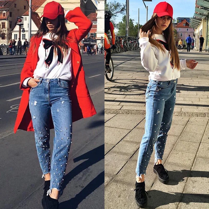 Women Ripped Jeans Pearl Studded Tassels Irregular Pants High Waist Denim Trousers Asymmetric Streetwear Boyfriend Distressed XS
Women Ripped Jeans Pearl Studded Tassels Irregular Pants High Waist Denim Trousers Asymmetric Streetwear Boyfriend Distressed XS