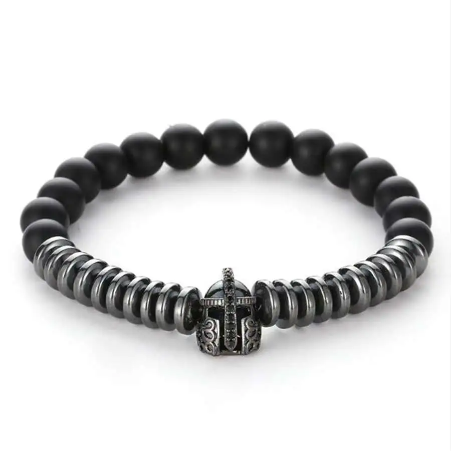 HOBBORN Trendy Natural Stone Strand Bracelet For Women Men 8mm Natural Black Matte Onyx Spartan Helmet Charm Bracelets Pulsera