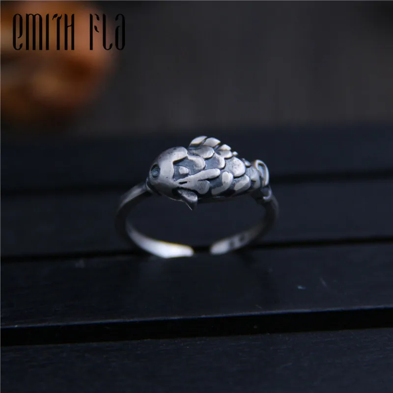 

Женское винтажное простое Открытое кольцо из настоящего серебра 925 пробы с рыбкой, модное ювелирное изделие для женщин, регулируемое кольцо
