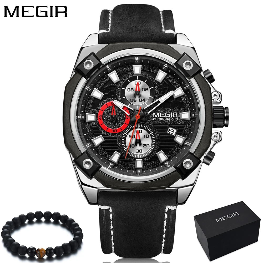 Мужские часы Megir спортивные кварцевые с кожаным ремешком|mannen|mannen horloge |