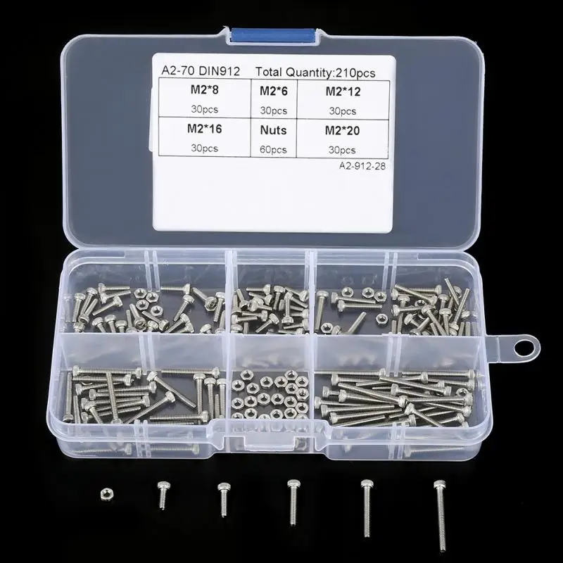 210Pcs M2 Nuts And Set 304 Stainless Steel Cup Head Hex Socket Screws Assortment Kit with Box |