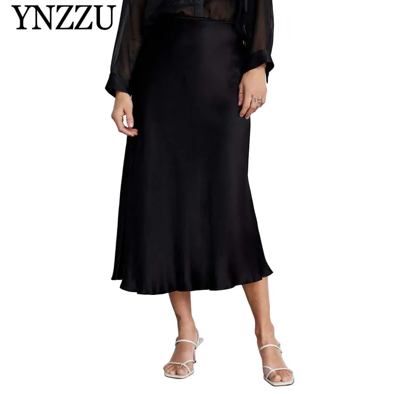 

YNZZU Elegant 2021 Spring Satin Long Skirt Women Solid Black High Waist Summer Maxi Skirts ladies skirt Women Bottoms YB309