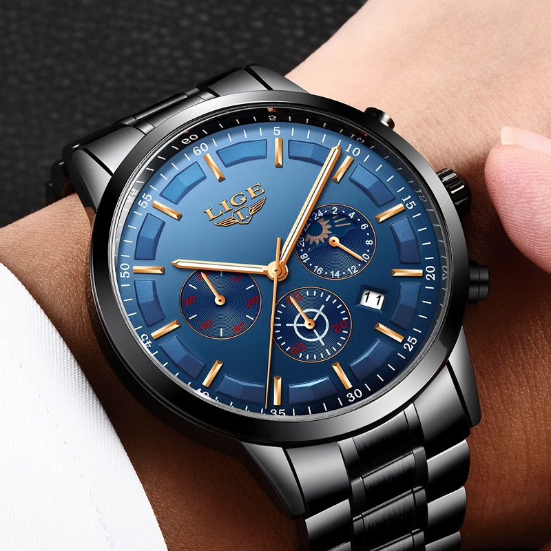 LIGE Men's Waterproof Quartz Watch Full steel Men Watches Dress Business Fashion Casual Sport Moon Phase Black Blue Male Clock
LIGE Men's Waterproof Quartz Watch Full steel Men Watches Dress Business Fashion Casual Sport Moon Phase Black Blue Male Clock