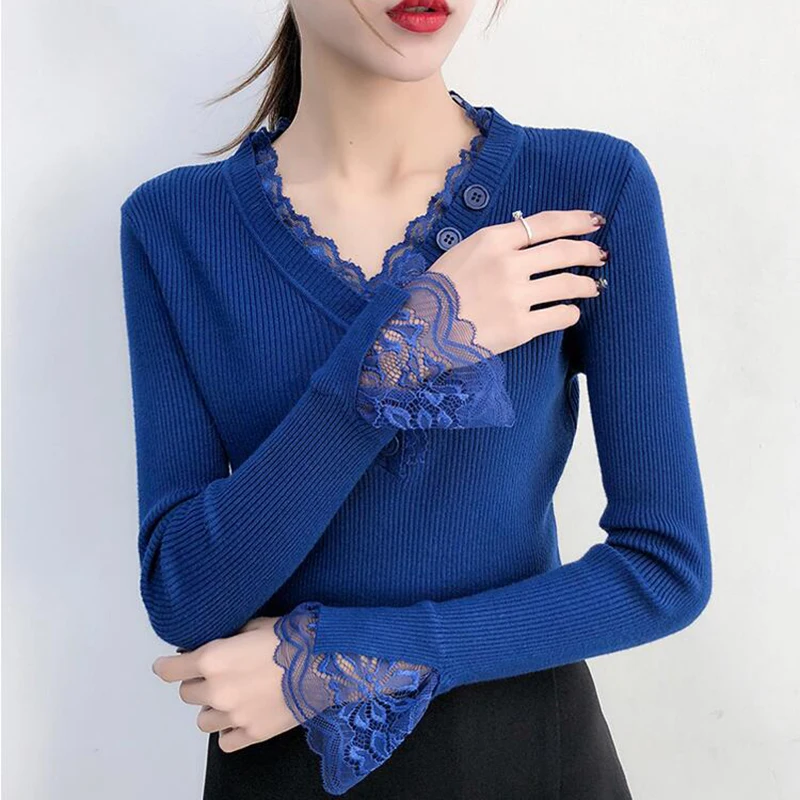 Lace V-neck Sweater Pullover Women Korean Autumn Winter Clothes Long-sleeved Bottoming Shirt Slim Stretch Knit Sweater Jumper
Lace V-neck Sweater Pullover Women Korean Autumn Winter Clothes Long-sleeved Bottoming Shirt Slim Stretch Knit Sweater Jumper
