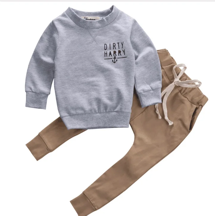 2019 Trend Style Newborn Kids Baby Clothing Sets &quotScallywag Crew" Grey Cotton Tops+ Khaki Pants Casual Clothes Outfits |