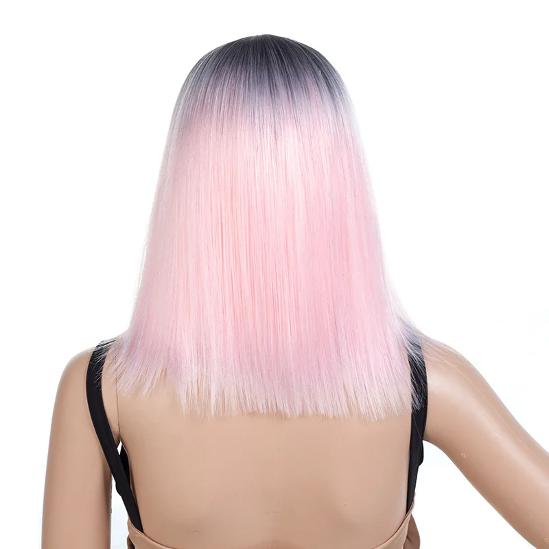 Yiyaobess 16inch Medium Long Bob Wig Black Pink Ombre Hair Synthetic Natural Grey Straight Womens Wigs For African Americans | Шиньоны и