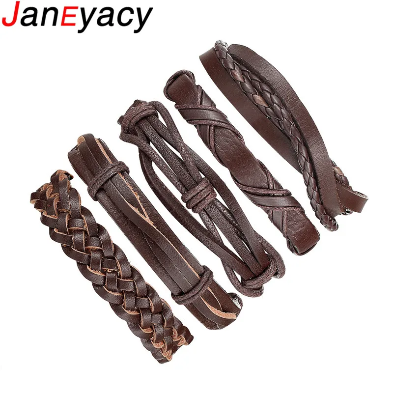 Janeyacy 2018 Новый 1 комплект/5 шт винтажный Шарм коричневые кожаные браслеты для
