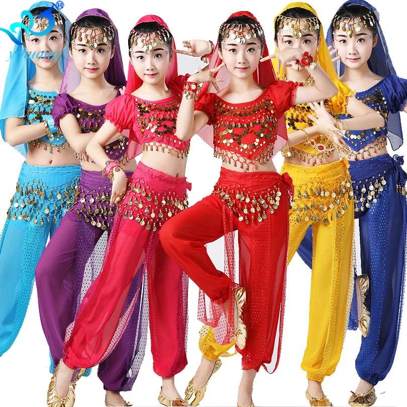 

Индийский костюм для танца живота, расшитый блестками, для девочек, костюм для дня рождения, Хэллоуина, детский шифоновый костюм с короткими...