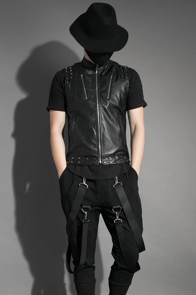 Мужской кожаный жилет в стиле хип-хоп с заклепками без рукавов | Мужская одежда