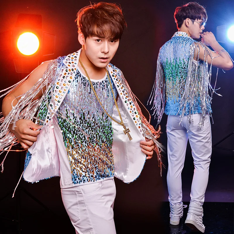 Men Stage Costumes For Singers Personality Tassel Sequin Crystal Diamond Jacket Vest White Pants Performing Clothes DNV11059
Men Stage Costumes For Singers Personality Tassel Sequin Crystal Diamond Jacket Vest White Pants Performing Clothes DNV11059